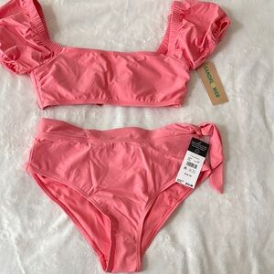 Coral Puff Sleeve Bikini Set